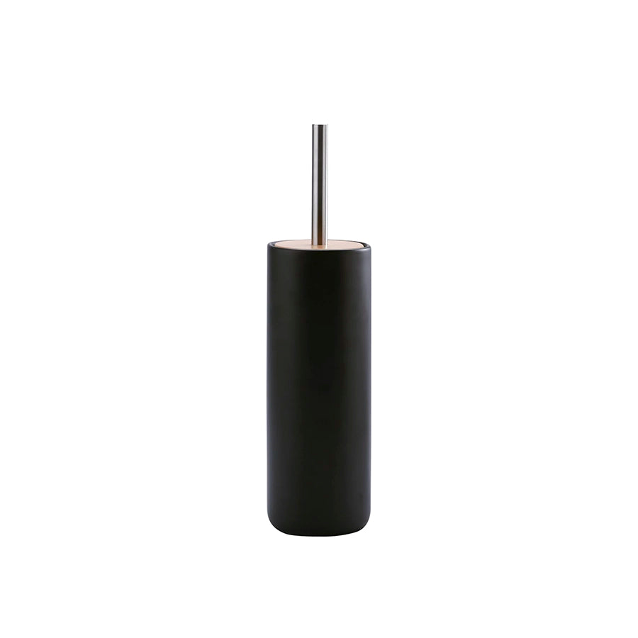 Black cylindrical toilet brush holder with a silver handle on a white background