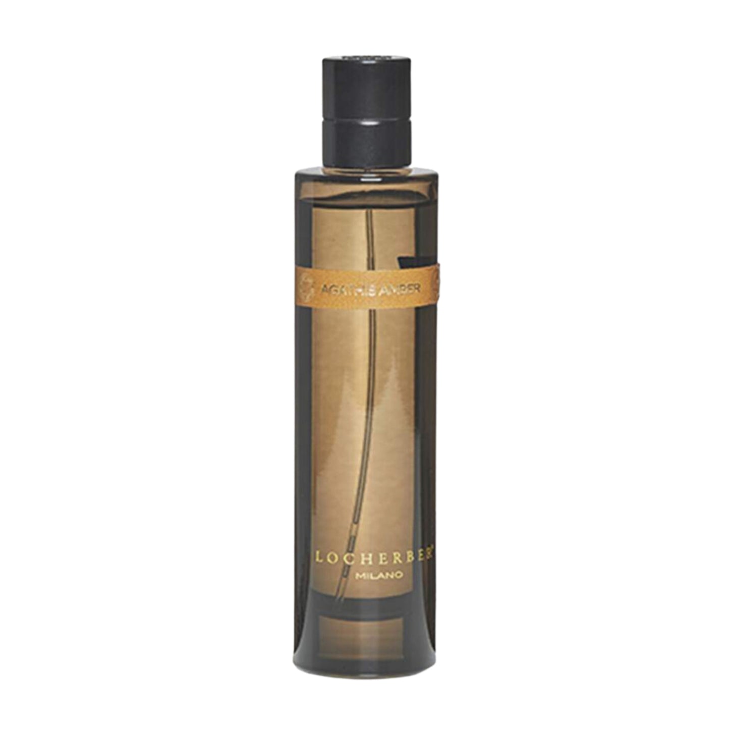A black bottle of Locherber Agathis Amber Diffuser Spray with a gold-colored label and cap.