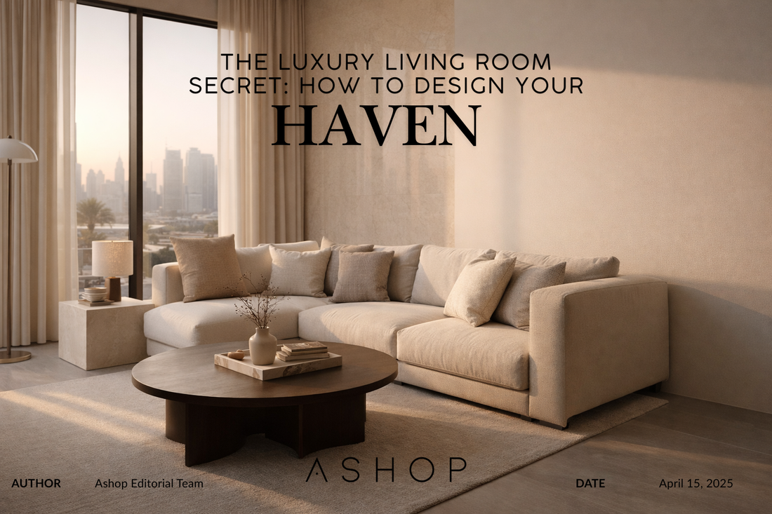 blog banner showing a luxury UAE living with the blog title, date, author and ashop logo on it.