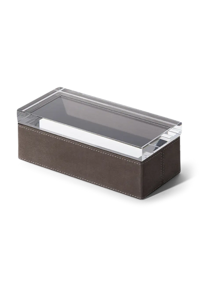 A brown leather case with a clear, sharp-edged acrylic lid, featuring the Poltrona Frau logo.