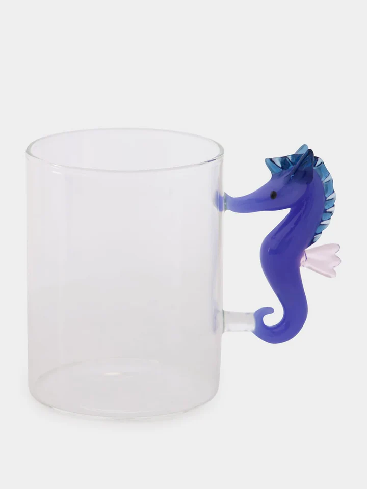Ichendorf luxury handmade clear glass mug with a pink-finned blue seahorse handle in Dubai