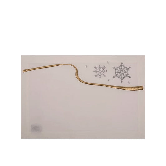 22 Maggio Istanbul Le Alpi  New Year Placemat Set of 4-Decorative card with gold arch and snowflake designs on a white background