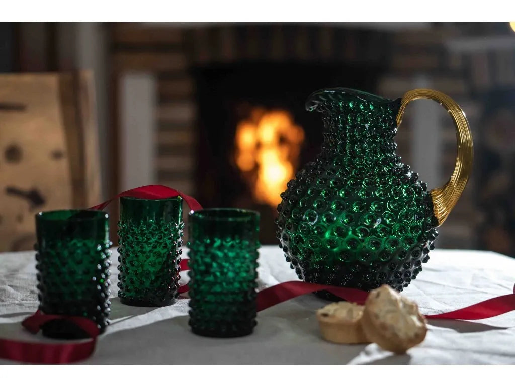 Dark Green Hobnail Jug with Shiny Gold Handle