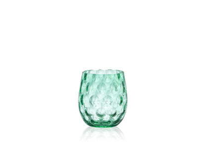 A green mouthblown glass tumbler from the Kugel collection, featuring distinctive curve details.