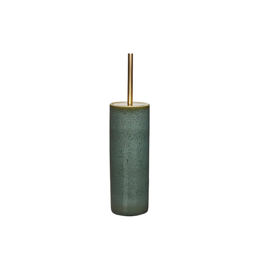 Cylindrical green bathroom brush holder with gold handle on a white background