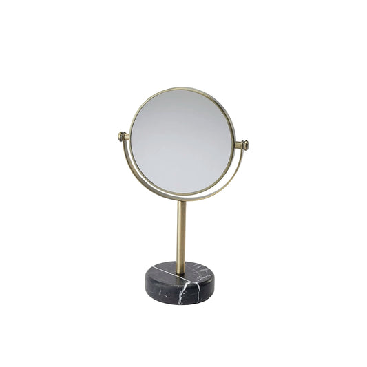 Aquanova Nero Mirror-Stand mirror with round reflective surface on a marble base against a white background
