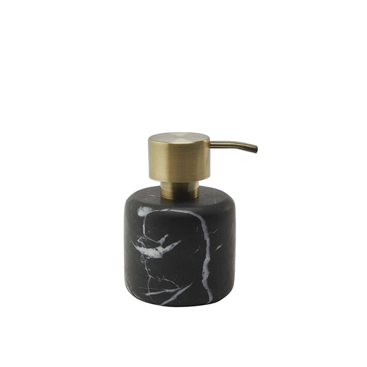 Aquanova Nero Soap dispenser-Black marble soap dispenser with brass pump on a white background