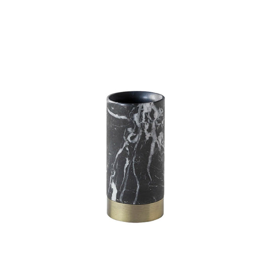 Aquanova Nero Toothbrush holder-Marble-patterned cylindrical container with brass base on a white background
