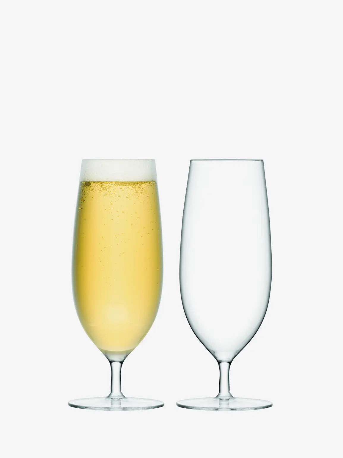 Bar Pilsner Glass for serving beer with perfect pour-Two champagne flutes, one filled with champagne, on a white background.