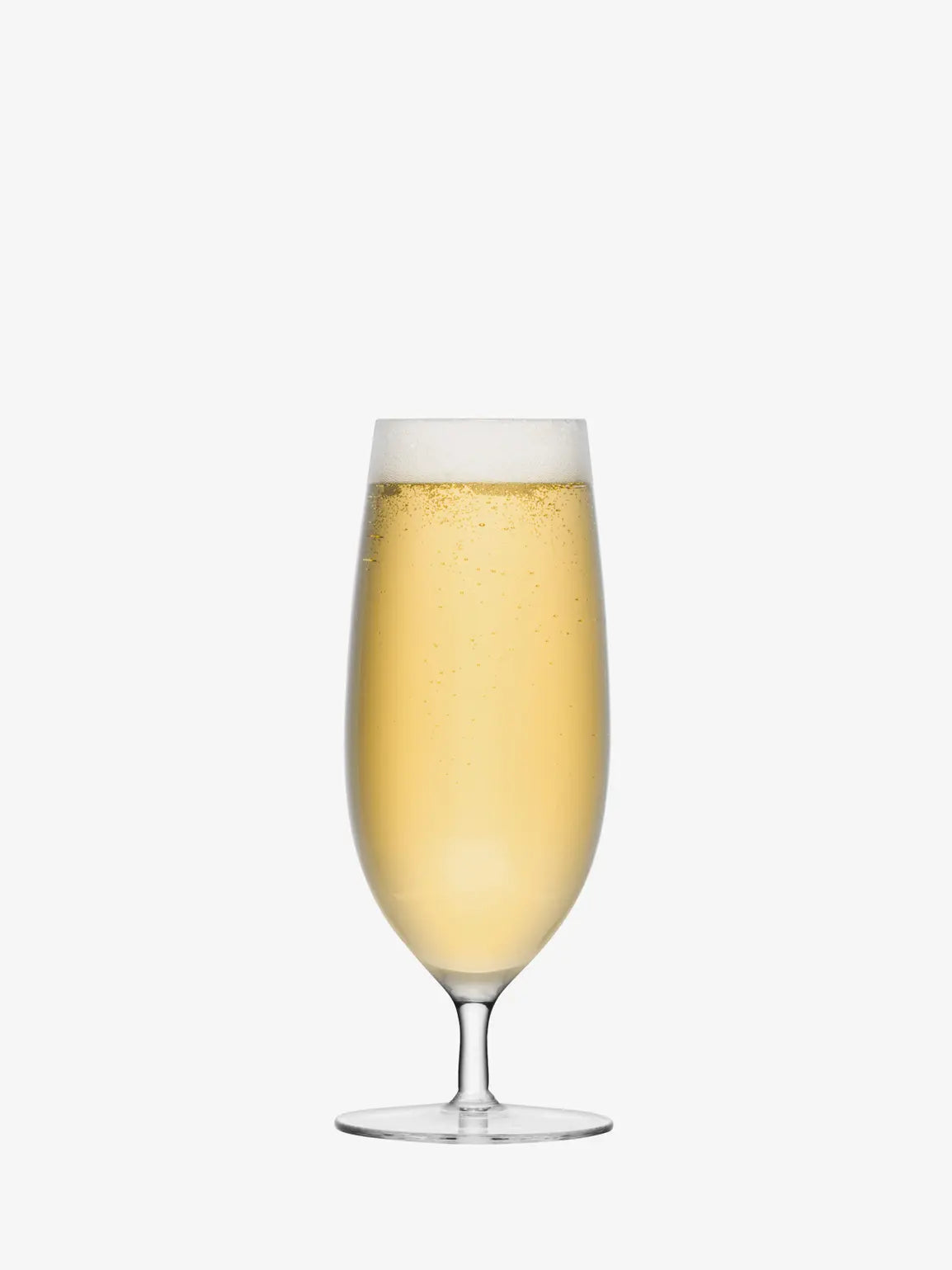 Bar Pilsner Glass for serving beer with perfect pour-Glass of champagne or sparkling wine on a white background