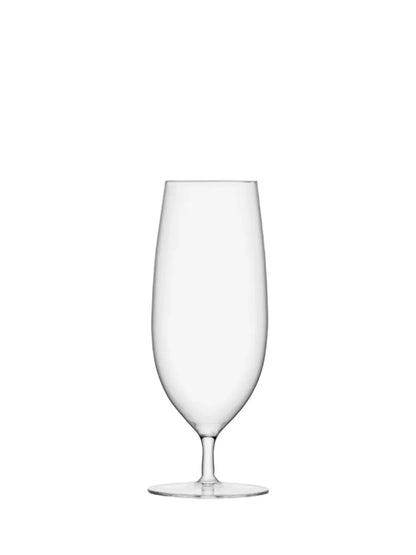 Bar Pilsner Glass for serving beer with perfect pour-A clear, tall pilsner glass with a slim bowl and a short stem, on a white background.