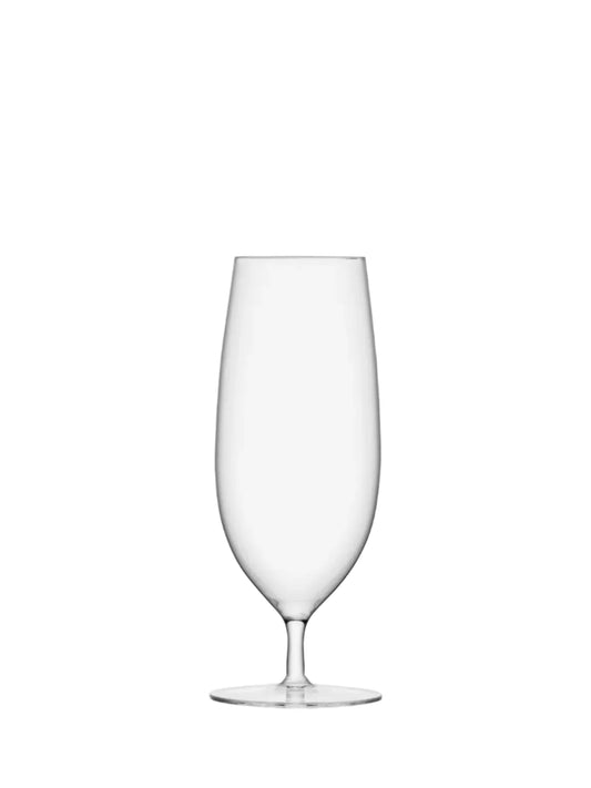 Bar Pilsner Glass for serving beer with perfect pour-A clear, tall pilsner glass with a slim bowl and a short stem, on a white background.