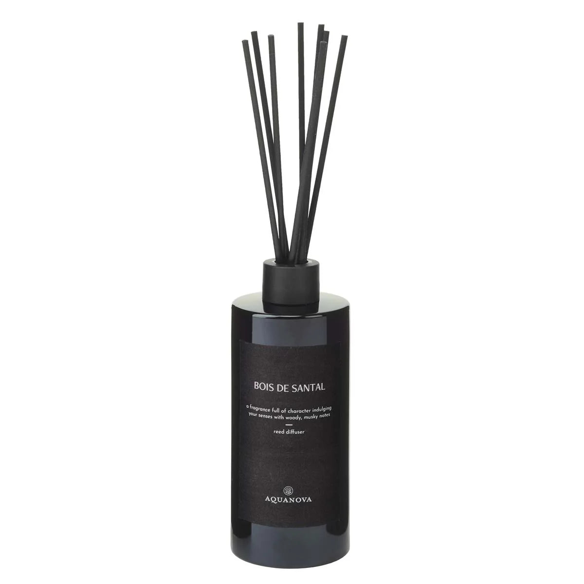 Black diffuser bottle with sticks on a white background
