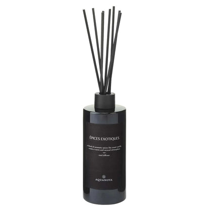Black diffuser bottle with sticks on a white background