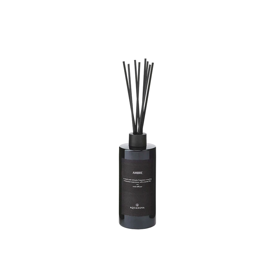 Black diffuser bottle with reeds on a white background