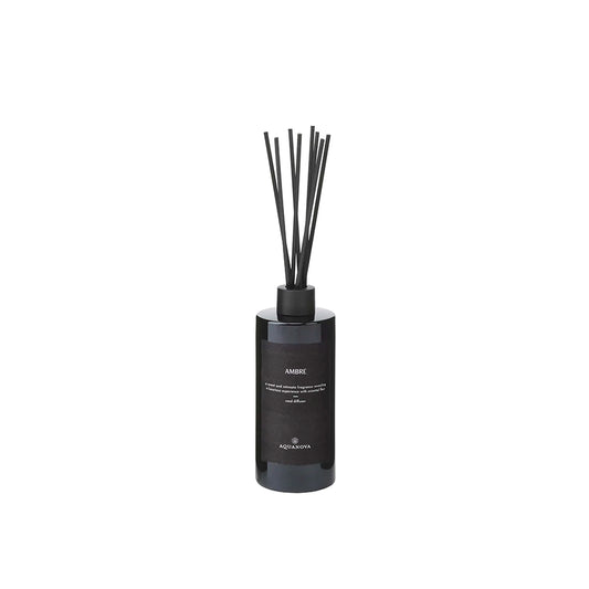 Black diffuser bottle with reeds on a white background