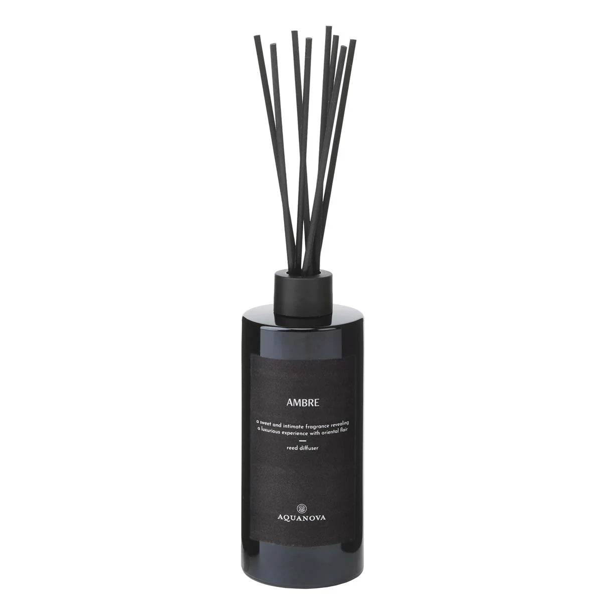 Black diffuser bottle with black sticks on a white background
