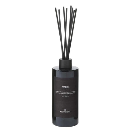 Black diffuser bottle with black sticks on a white background