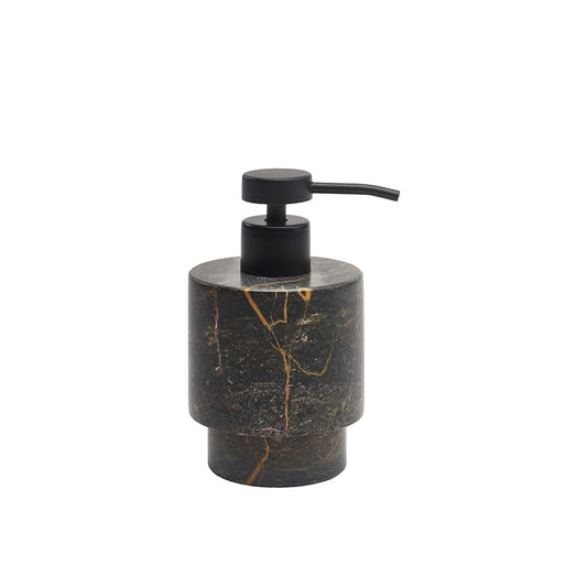 Black marble soap dispenser with pump on a white background
