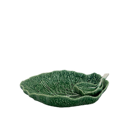 Bordallo Pinheiro Cabbage Chip & Dip Bowl-Green ceramic leaf-shaped dish on a white background