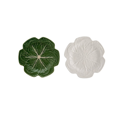 Bordallo Pinheiro Cabbage Dinner Plate-Two ceramic coasters, one green and one white, with leaf patterns on a white background.