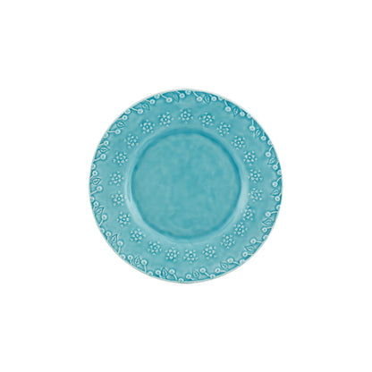 Bordallo Pinheiro Flora Dessert Plate-Turquoise ceramic plate with floral patterns on a white background
