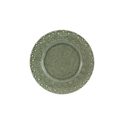 Bordallo Pinheiro Flora Dessert Plate-Green ceramic plate with floral patterns on a white background