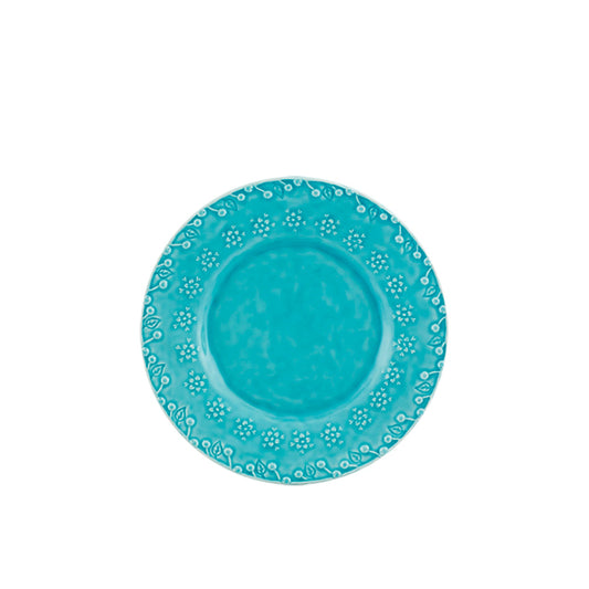 Bordallo Pinheiro Flora Dessert Plate-Blue ceramic plate with floral patterns on a white background