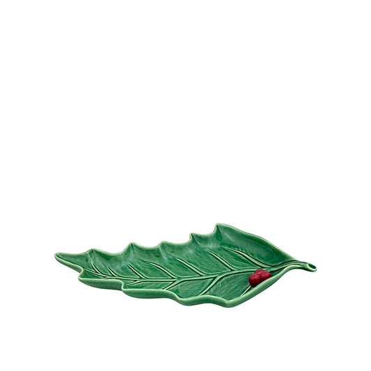 Bordallo Pinheiro Holly Leaf Platter-Green leaf-shaped ceramic plate with a red berry on a white background