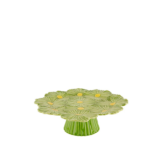 Bordallo Pinheiro Maria Flor Green Cake Stand-Green ceramic cake stand with floral design on a white background