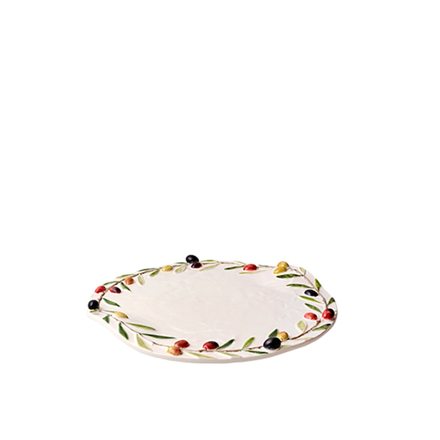 Bordallo Pinheiro Olival Cheese Platter-Decorative ceramic plate with fruit and leaf patterns on a white background