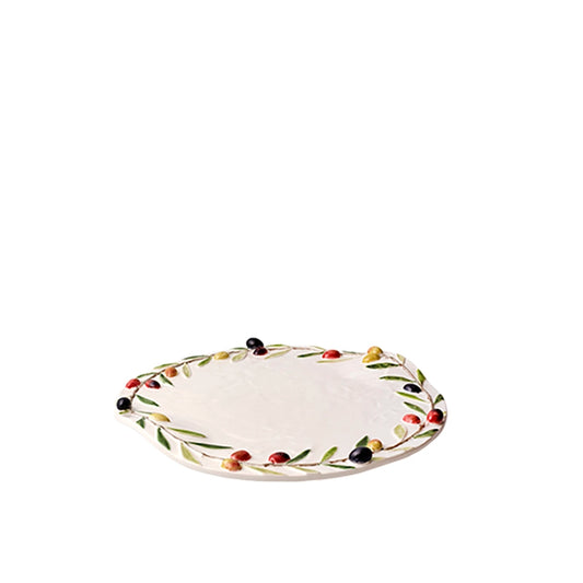 Bordallo Pinheiro Olival Cheese Platter-Decorative ceramic plate with fruit and leaf patterns on a white background