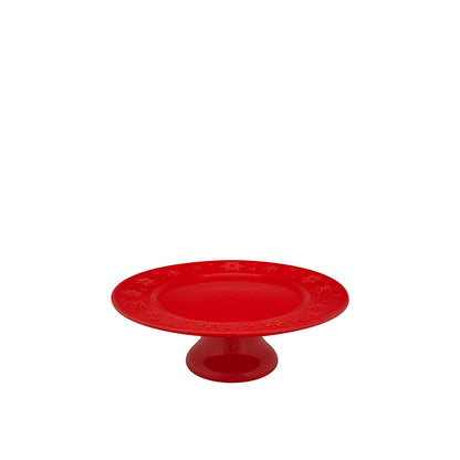 Bordallo Pinheiro Snowflakes Cake Stand-Red cake stand with decorative patterns on a white background
