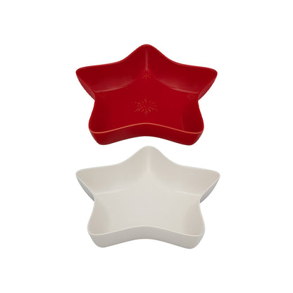 Bordallo Pinheiro Snowflakes Star Bowl, 37cm-Red and white star-shaped bowls on a white background