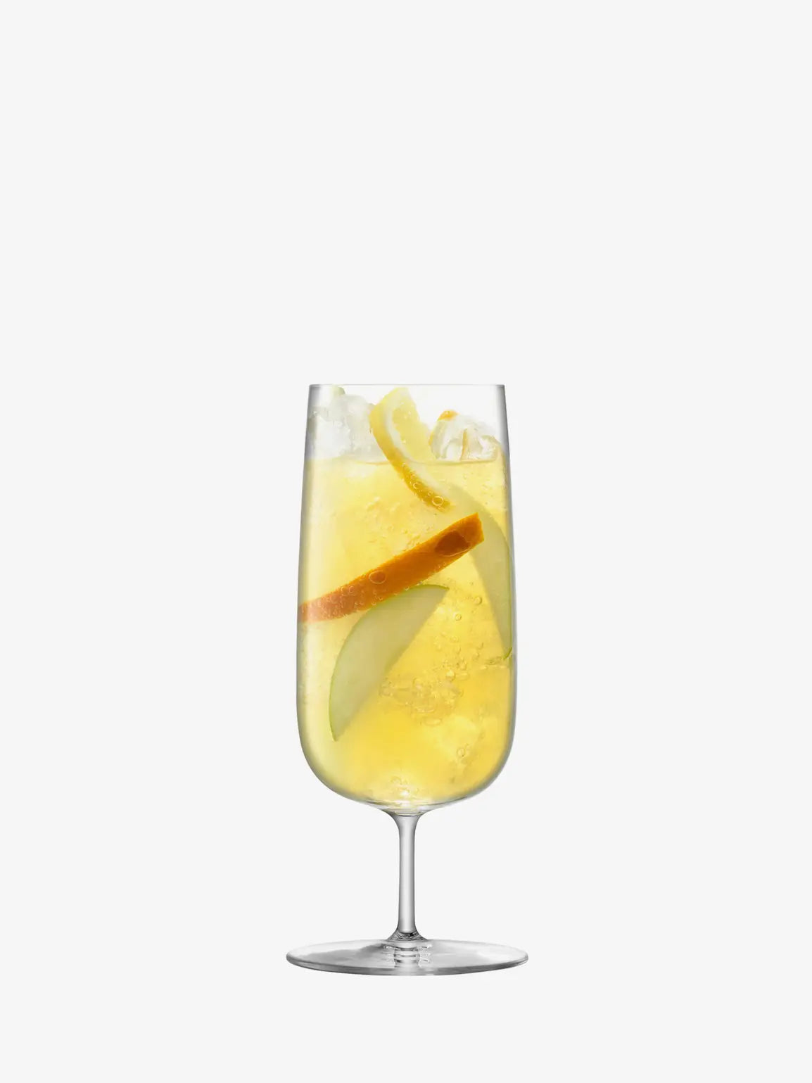 Borough Pilsner Glass for elegant beer serving-Glass of white wine with apple slices on a white background