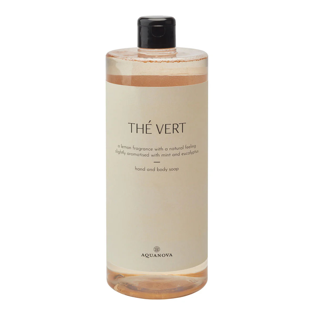 Bottle of 'Thé Vert' hand and body soap by Aquanova on a white background