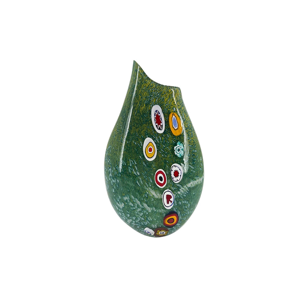 A forest green Murano glass vase with a sinuous shape and colorful circular decorations, known as Murrine.