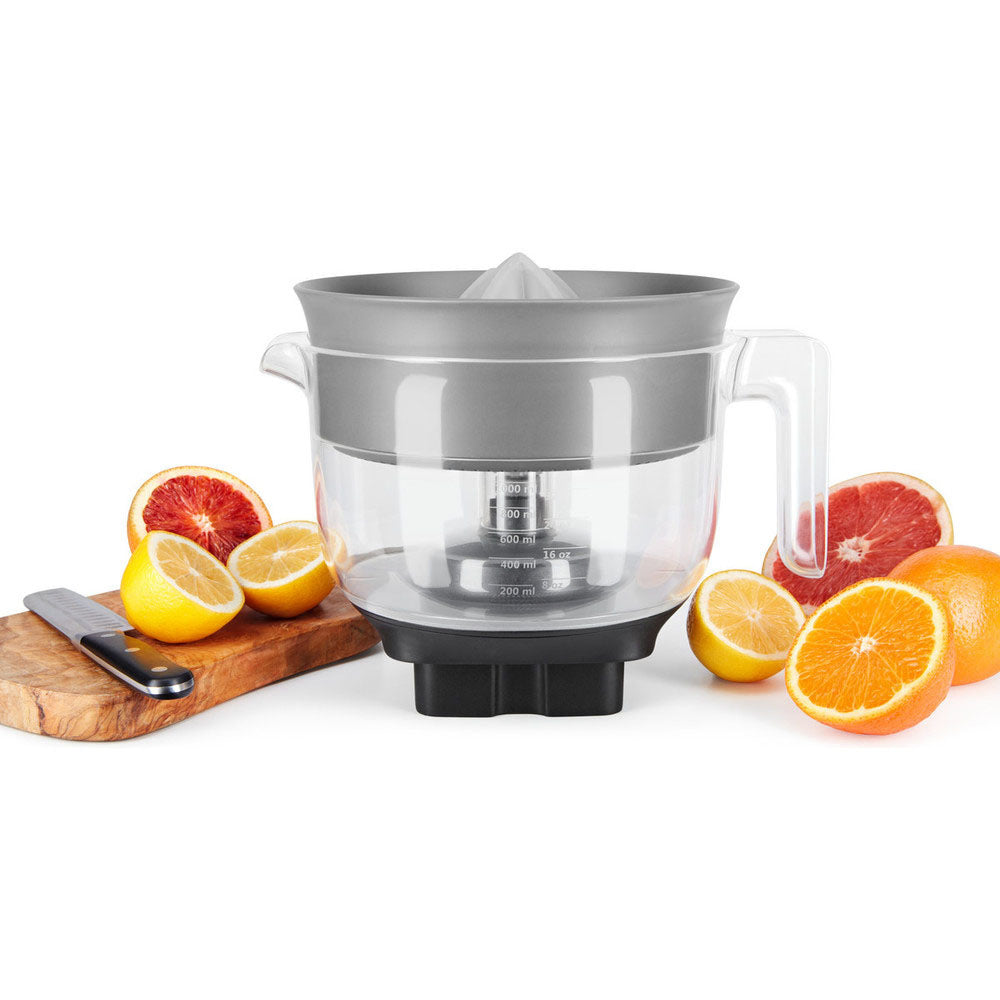 Juicer with fruits on a white background
