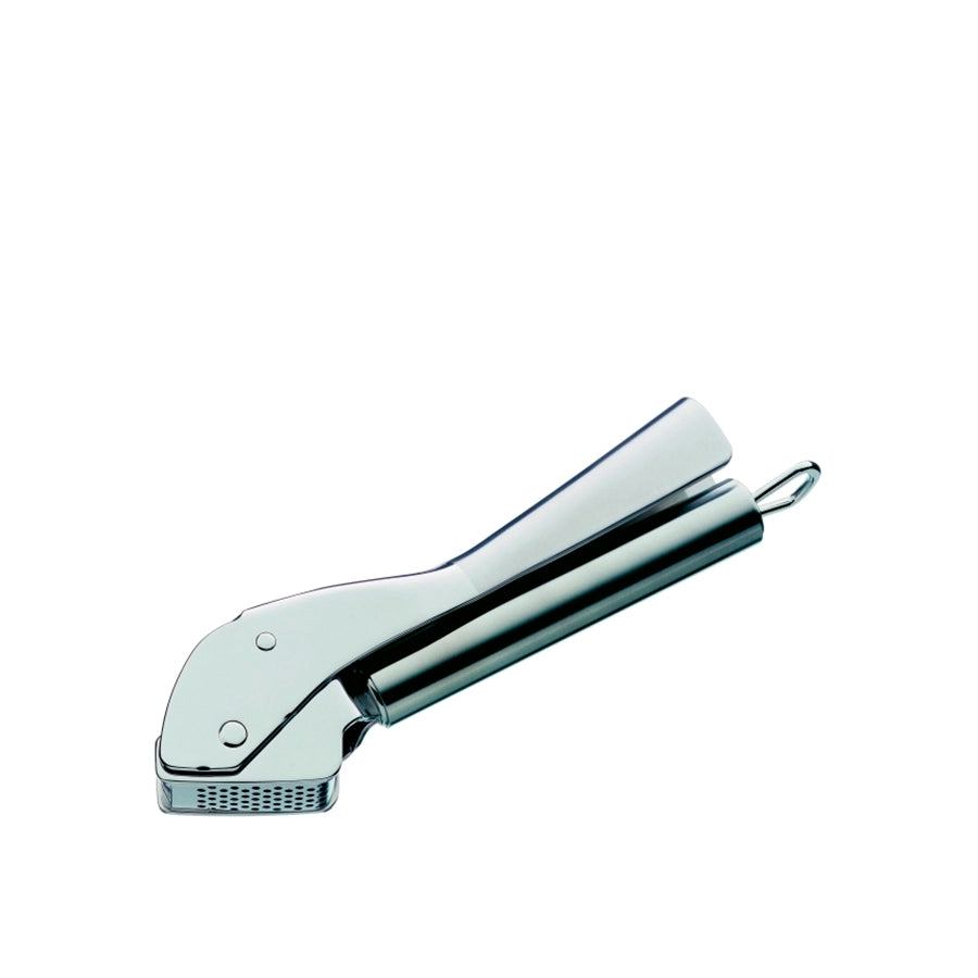 Elegant brass kitchen utensils-Chrome garlic press on a white background