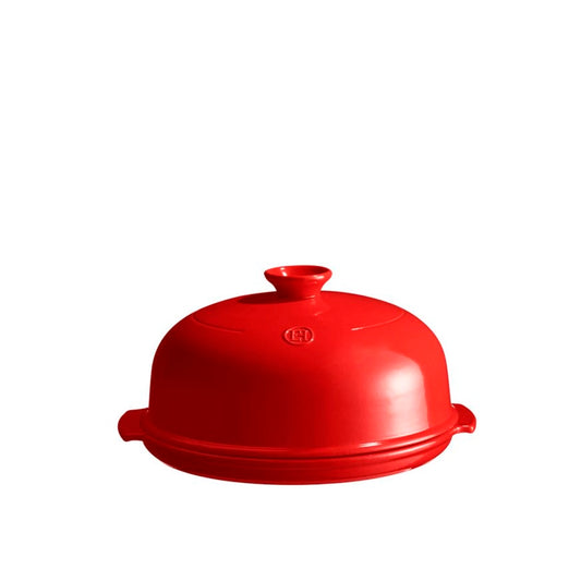Emile Henry Bread Baker-Red ceramic dish with a lid on a white background