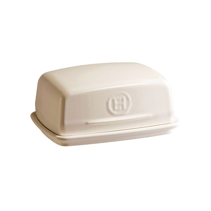 Emile Henry Butter Dish-Beige butter dish with a logo on a white background