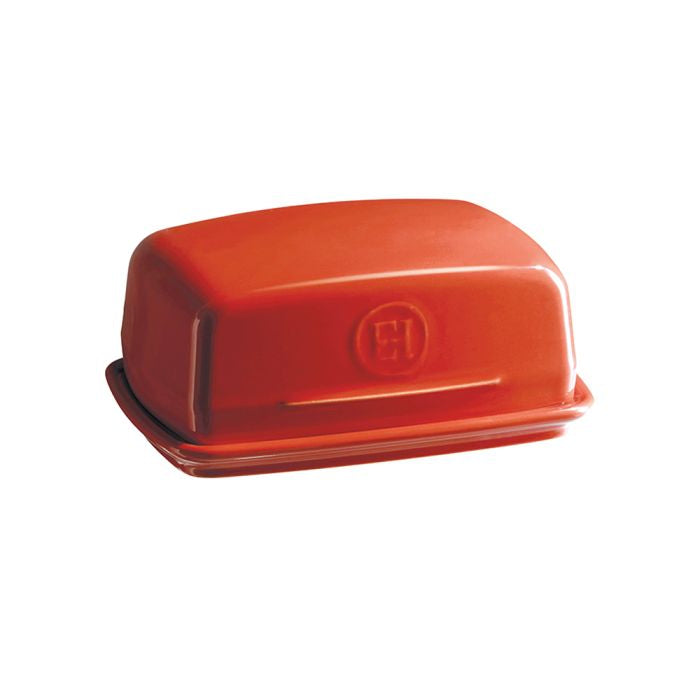Emile Henry Butter Dish-Red butter dish with a logo on a white background