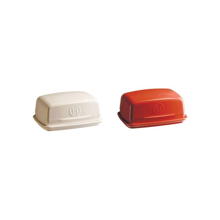Emile Henry Butter Dish-Two rectangular containers, one beige and one red, on a white background.