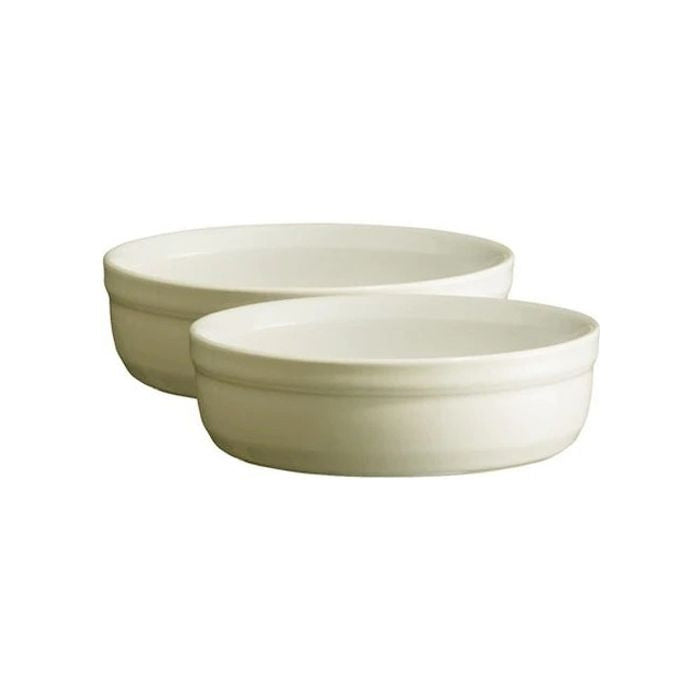 Emile Henry Crème Brûlée Dishes, Set of 2-Two beige ceramic bowls on a white background