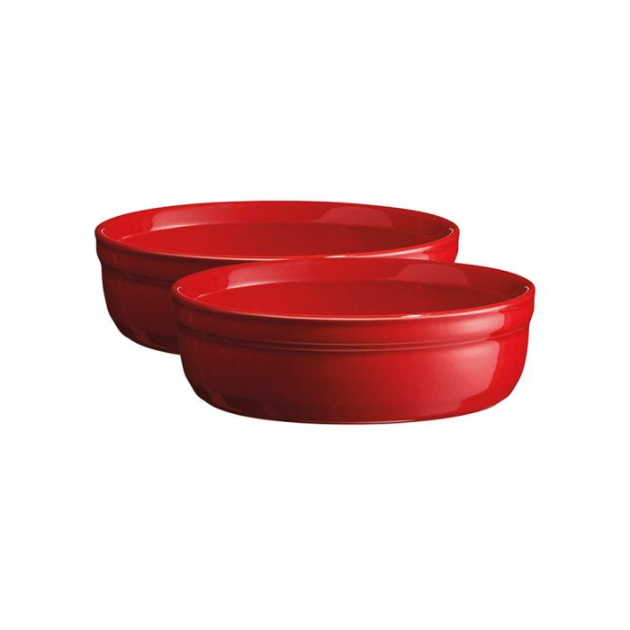 Emile Henry Crème Brûlée Dishes, Set of 2-Two red ceramic bowls on a white background