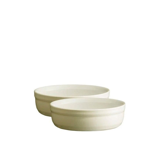 Emile Henry Crème Brûlée Dishes, Set of 2-Two beige ceramic bowls on a white background