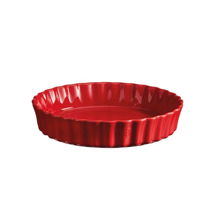 Emile Henry Deep Round Tart Dish, 24cm-Red ceramic pie dish on a white background
