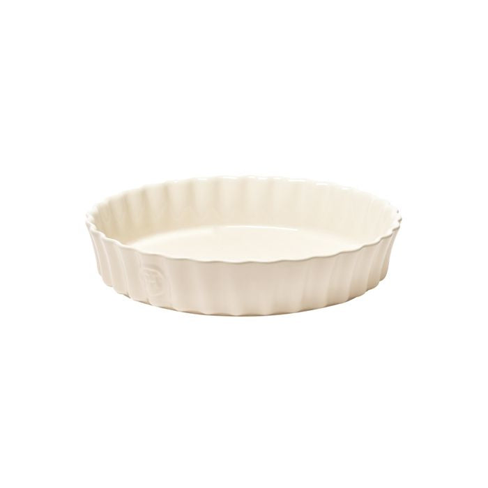 Emile Henry Deep Round Tart Dish, 24cm-White ceramic pie dish on a white background