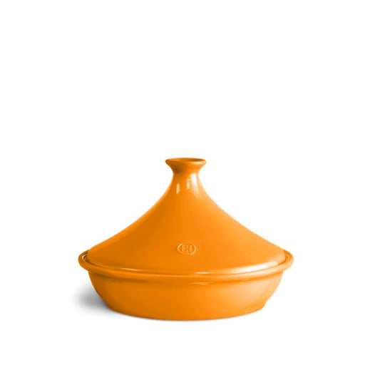 Emile Henry Flame Tagine-Orange ceramic tagine pot on a white background