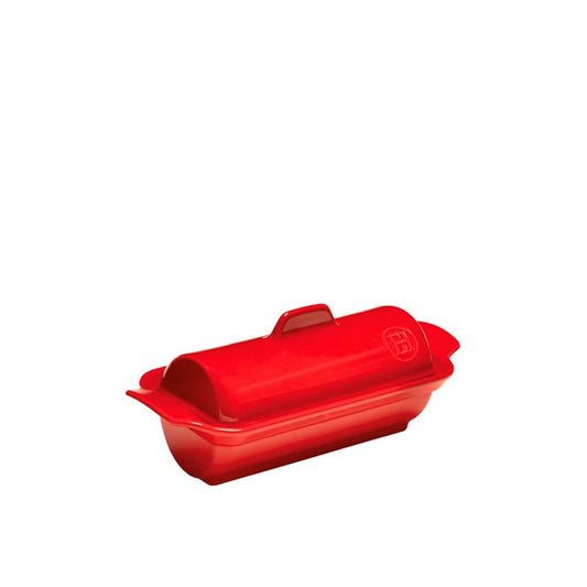 Emile Henry Foie Gras Medallion Terrine-Red rectangular baking dish with a lid on a white background